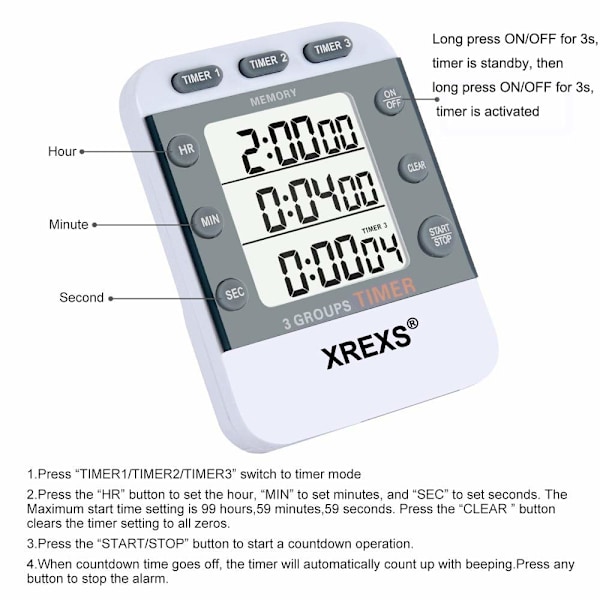 Digital kökstimer magnetisk stoppur timer med klocka, magnet, 3-nivå volym, LCD-display för matlagning, sport, studier, 2 AAA-batterier