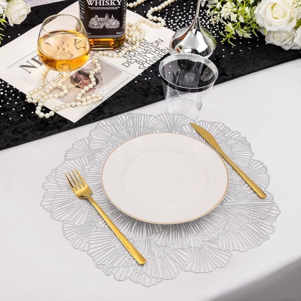 Round Silver Placemats, Set of 4, Floral Vinyl, Table Mats, Table Setting, Kitchen Placemats for Dining Table, Holiday, Wedding, Decorative