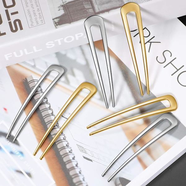 6 st enkla U-formade metallhårnålar Hårpinnar Hårgafflar 2-uddiga Chignon-nålar Hårtillbehör för kvinnor Stylingverktyg, Silver och Guld