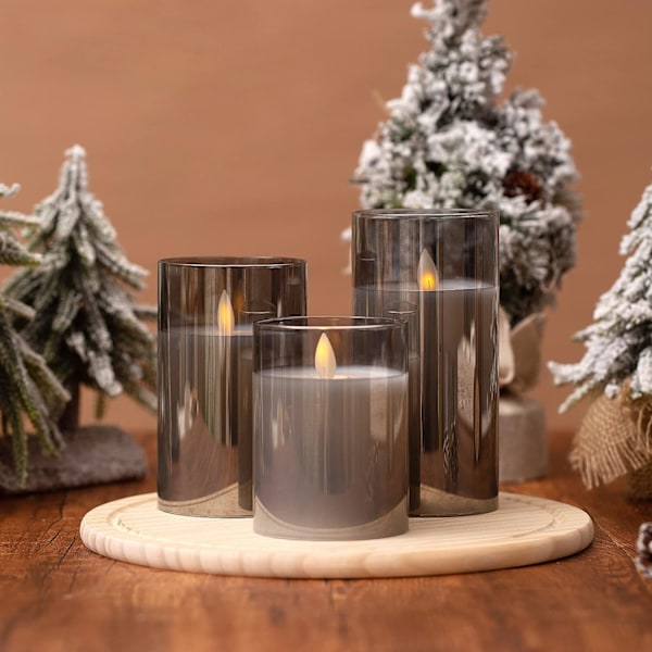 3 Flamlösa Ljus 10-15cm Elektriska Ljus Grå Glaspelare