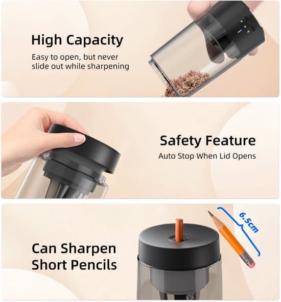 Pencil Sharpener - Automatic Pencil Sharpener - Pencil Sharpener with Collection Tray - Robust and Rechargeable Pencil Sharpener - Suitable for Home etc.