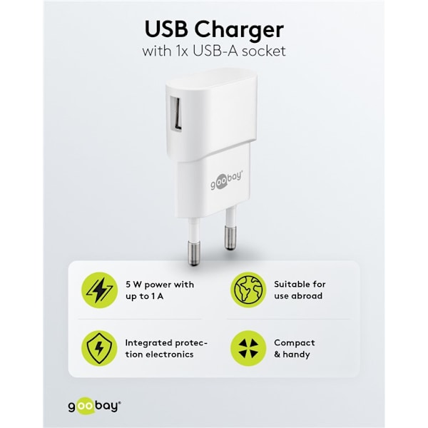 Väggladdare 1 x USB-A port, 1A, slim, vit, Goobay 44948 vit