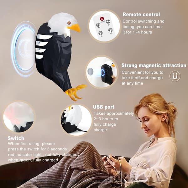 Bald Eagle Wall Lamp American Eagle Night Light Magnetic Wall Mounted Eagle Lamp for Bedroom Living Room Hallway Detachable Rechargeable Eagle Lamp