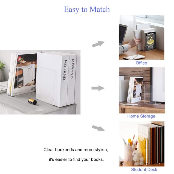 Plastic Acrylic Bookends, 2-Pack, Organizer, Bookshelf, Decorative Bedroom, Library, Office, School Supplies, Gift (Plastic Acrylic, 2 Pairs) (White)