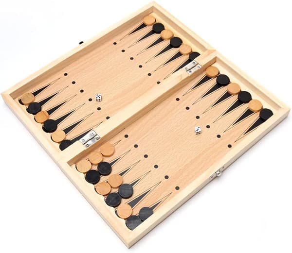 Vikbart schackset i trä – ett tre-i-ett-schackspel för vuxna och barn (backgammon, dam) utsökt schackbräde i trä.