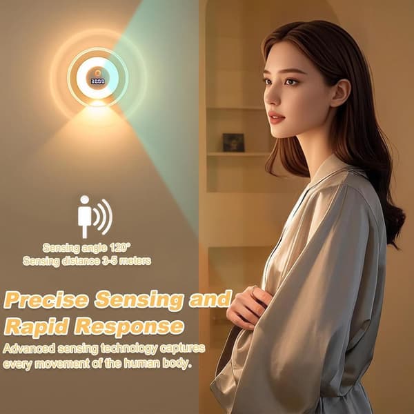 Motion-activated night light, LED wall light, sensor light with clock, rechargeable and dimmable, suitable for home decor and bedroom.