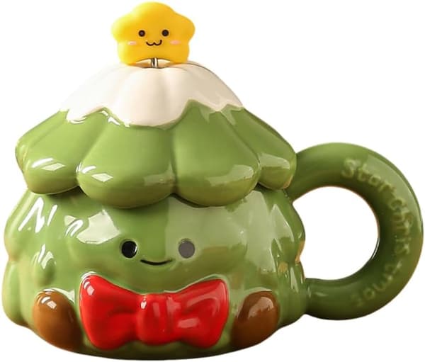 Christmas Tree Mug with Lid and Spoon, 420ml Cute Tree Shaped Mug with Bow, Festive Ceramic Coffee Mug, Christmas Gift.