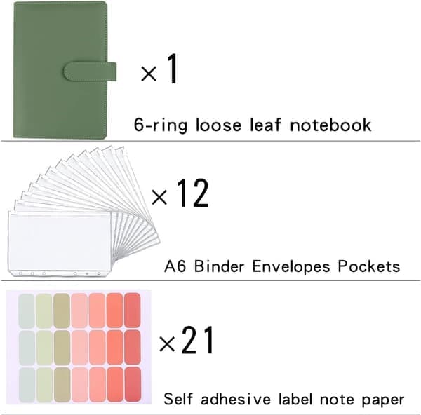 Pengebesparende ringbind, spareudfordringsbog, kontantkuvert, 12 lynlåskuverter, A6 budgetringbind, budgetplanlægger