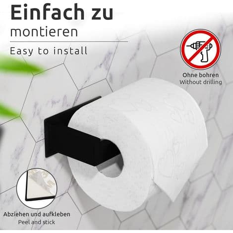 Selvklæbende toiletpapirholder, 304 rustfrit stål, sort toiletpapirholder, ingen boring nødvendig
