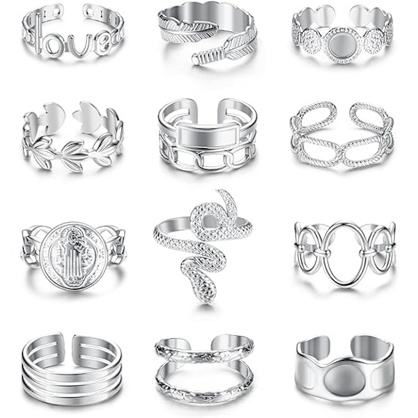 18K Silverpläterade ringar för kvinnor, rostfritt stål statement ringar pack staplingsbara boho midi ringar justerbara öppna ringband tvinnade silver