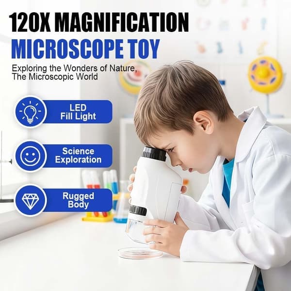 Mini Microscope 2026 New Pocket Microscope for Kids Portable Handheld Children's Microscope Miniscope Educational Science Kits LED Light 60X-120X (White)