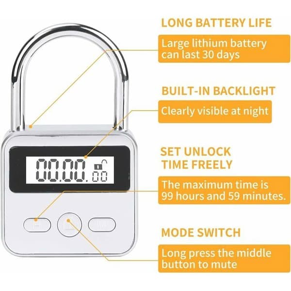 Smartlås, Brynnl maks 99t, LCD-skjerm, USB-oppladbar, robust metalltimer, etikett