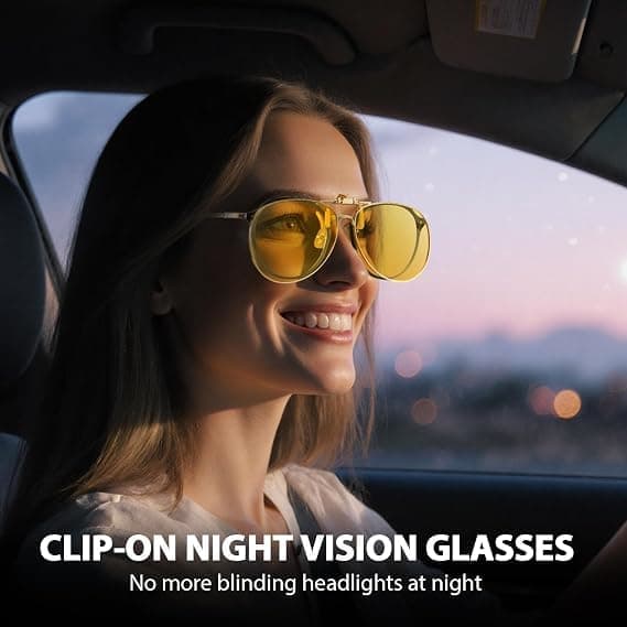 Aviator Clip-on nattkjørebriller over reseptbelagte briller, gule antirefleks polariserte