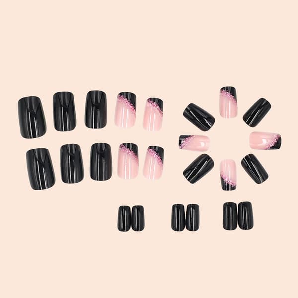 False Nails Medium Square Black False Nails Artificial Acrylic Nails Pink Glitter Powder Sequins Design French False Nails Full Coverage Gloss