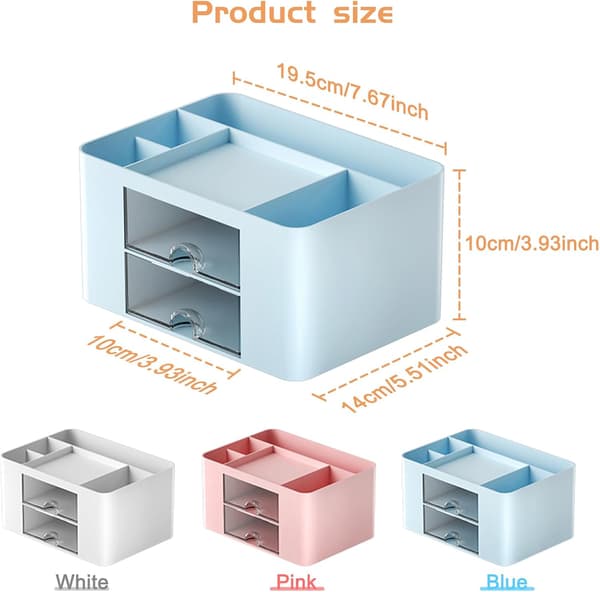 Desktop Pen Holder, Desk Storage Box with 2 Drawers, 5 Compartments, Desk Organizer for Office, School, and Home Use.