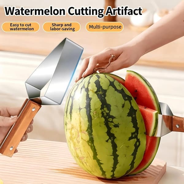 Stainless Steel Watermelon Slicer, Triangular Melon Splitter, Multifunctional Fruit Tool with Wooden Handle, Summer Kitchen Utensil