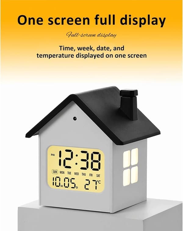 Digital Alarm Clock for Kids with Night Light - Cute House Shaped Silent Bedroom Clock, LCD Display with Temperature, Battery Operated