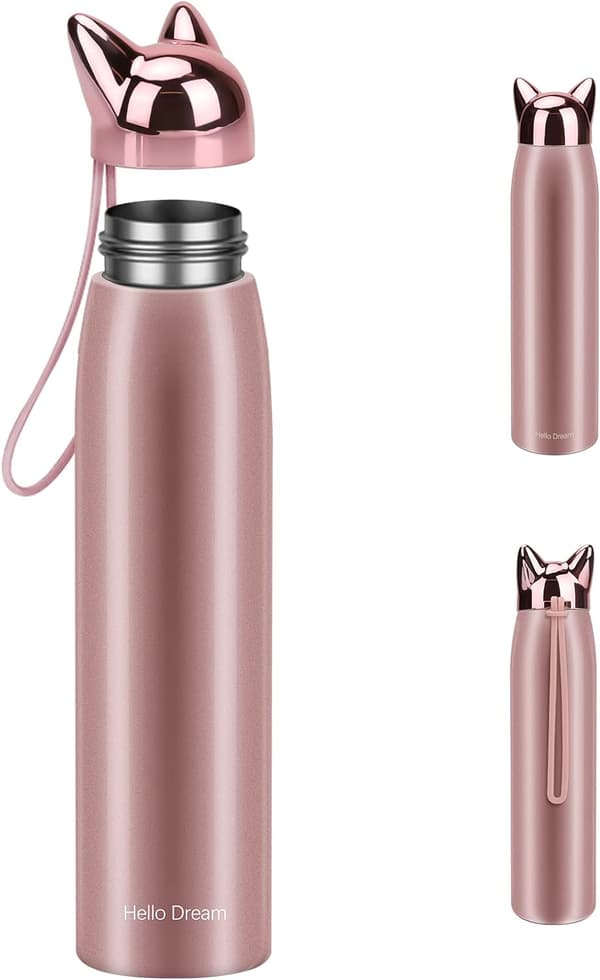 Søt kattevannflaske Isolert termisk vakuumvannflaske Pink