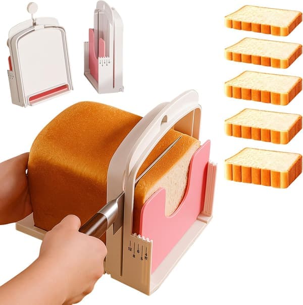 2026 Bread Slicing Guide - 5 Thickness Settings for Sourdough Bread, Baguettes, Bagels & Toast, Foldable & Adjustable, Space-Saving
