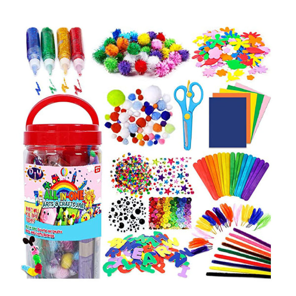 Burk för konsttillbehör för barn – färgglada och kreativa konst- och hantverksmaterial – lim, säkerhetssaxar, pumps, popsicle-pinnar, etc.