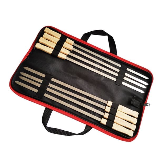 8 stk grillspyd i rustfritt stål med trehåndtak for campinggrilling