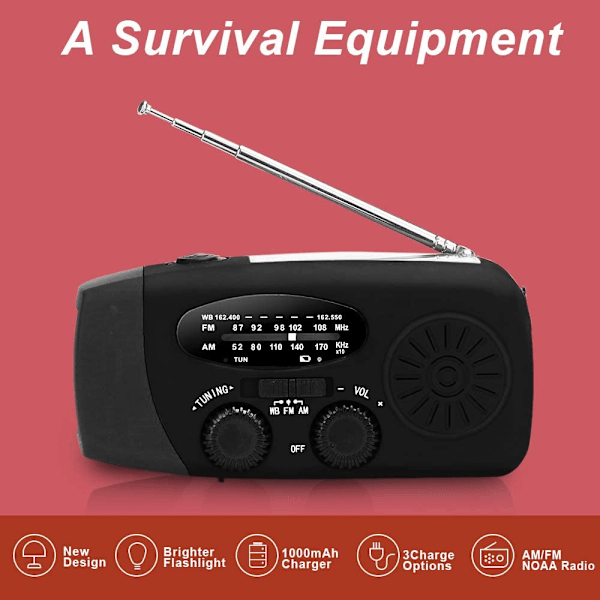 Solardriven handvev nödväderradio, TF/FM bärbar radio med LED-ficklampa 2000mAh ström