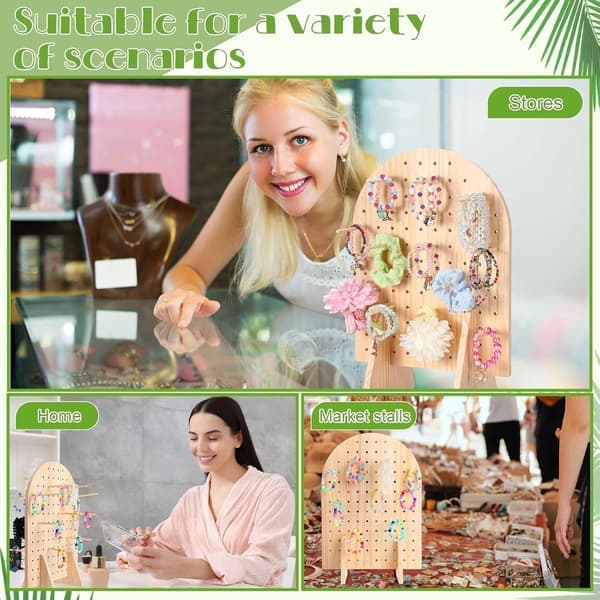 1 sæt nøglering display stativ træ pegboard display stativ med 25 stykker stifter ovalt armbånd arrangør