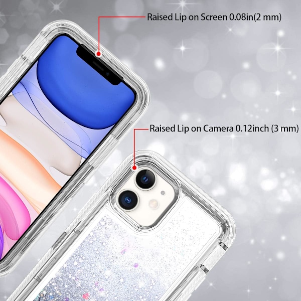 Skyddande fodral för iPhone 11 Glitter, flytande Bling Quicksand 3 i 1 Hybrid stöttålig stöttålig hård stötfångare mjukt genomskinligt gummiskydd