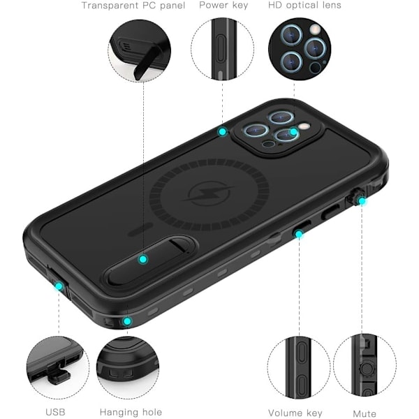 Vattentätt mobilskal till iPhone 12 pro max, kompatibel med MagSafe och bärbart stativ, IP68 undervattenskydd, stöttåligt,