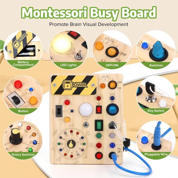 Montessorileksak, aktivitetsbräda, sensorisk babyleksak, med 10 strömbrytare och 23 LED-lampor, träleksak, resa