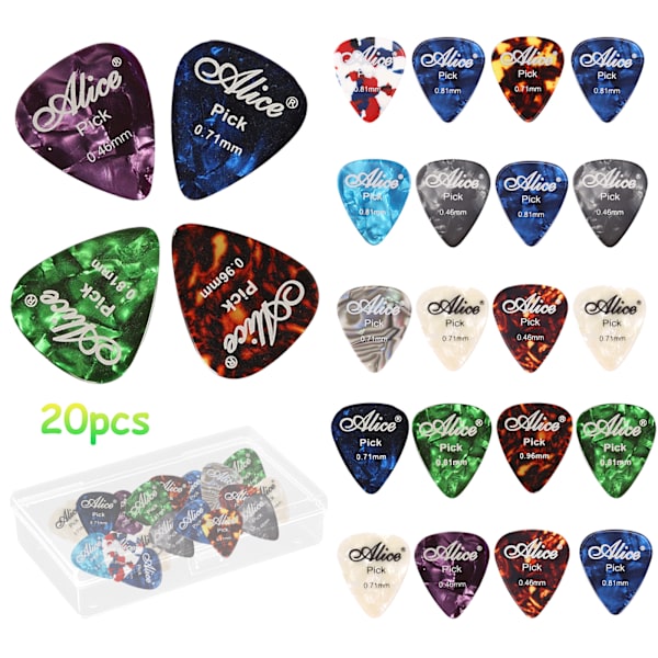 Gitarrplektrum, 20 st 4 olika tjocklekar halkfria plektrum, slumpmässiga färger, celluloid plektrum för akustisk bas elgitarr ukulele