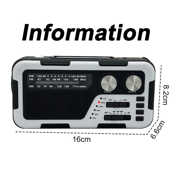 Nödväderradio  Bärbar med solladdning, handvev, AM/FM/NOAA väderradio