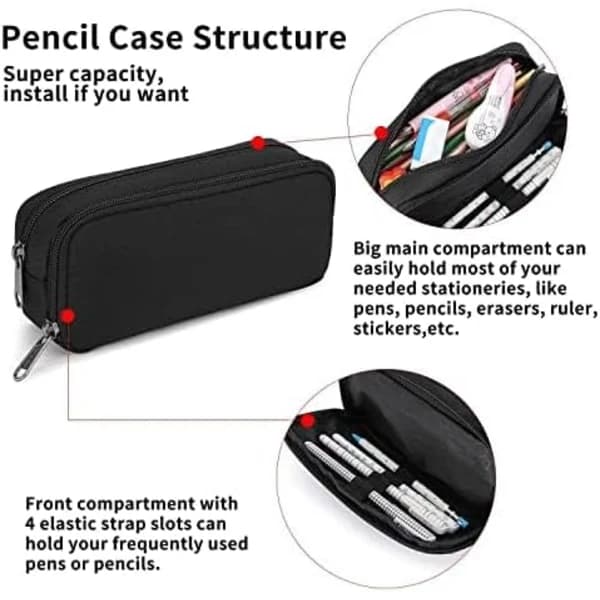 Large Capacity Pencil Case, Office Supplies Organizer, Black, L, Minimalist