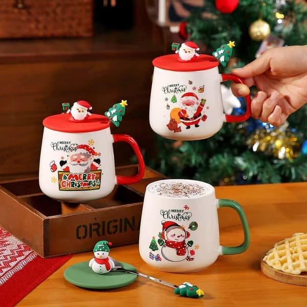 Ceramic Coffee Mugs for Couples with Lid and Spoon Cute Tree Christmas Gift Birthday Present Holiday Themed Mug Creative Home Decor Gift