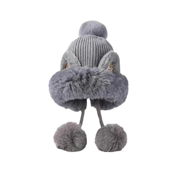 Söt vintermössa med kattöron med flufffoder, vindtät (En storlek, grå)