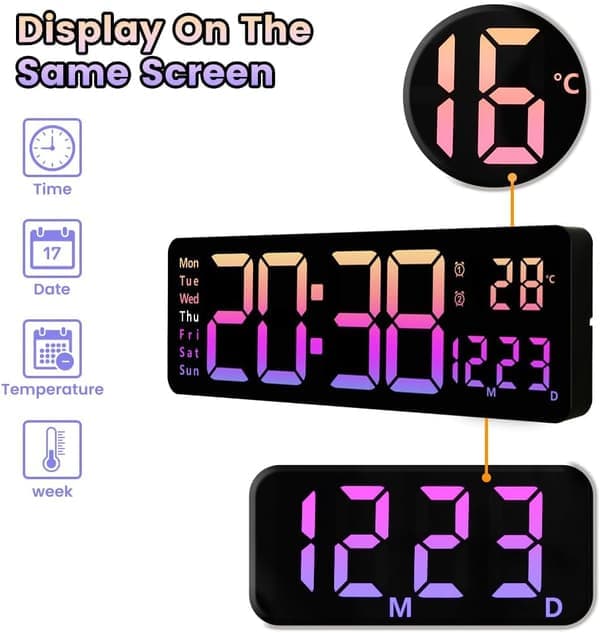 16-tums väggmonterad väckarklocka digital klocka med timer och larmfunktion stor LED-display RGB-färg.