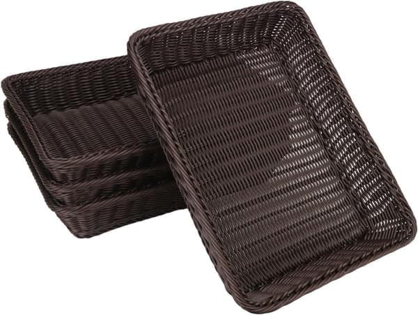 Poly Wicker Baskets 4-pack 16 inch Coffee Large Woven Baskets Storage – Rustic Durable & Easy-to-Clean Bread Baskets for Home, Restaurant & Hotel Use