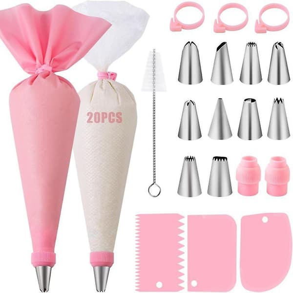 Sprøytesett 40 deler: med tyller i rustfritt stål, perfekt for cupcakes Pink