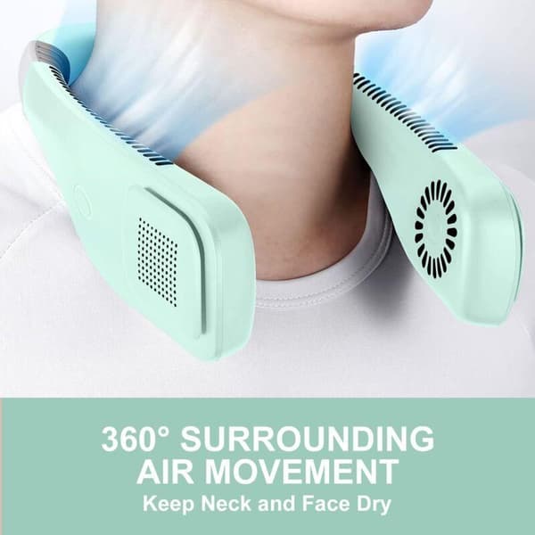 Mini bærbar halsventilator med 360° luftstrøm. Tre ventilatorhastigheder, kompakt og USB-genopladelig - grøn.