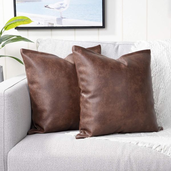 Set med 2 konstläder dekorativa kuddfodral moderna enfärgade utomhuskuddfodral lyxiga örngott för soffa säng 18x18 tum mörkbrun