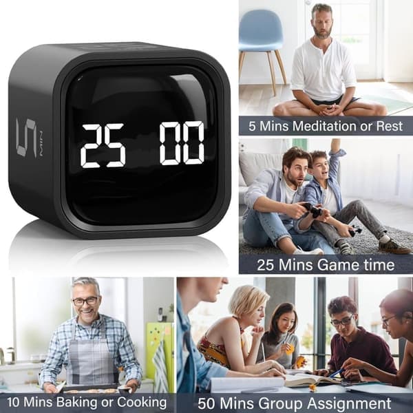 Pomodoro Timer 25/5/10 Min Desktop Timer Vibrationsvolumen Justerbar Produktivitetsur Sort Black