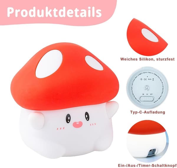 Night Light with 50-Hour Battery and Control Function, Soft Light for Children's Room, USB Rechargeable with Timer – Easter Gift for Girls