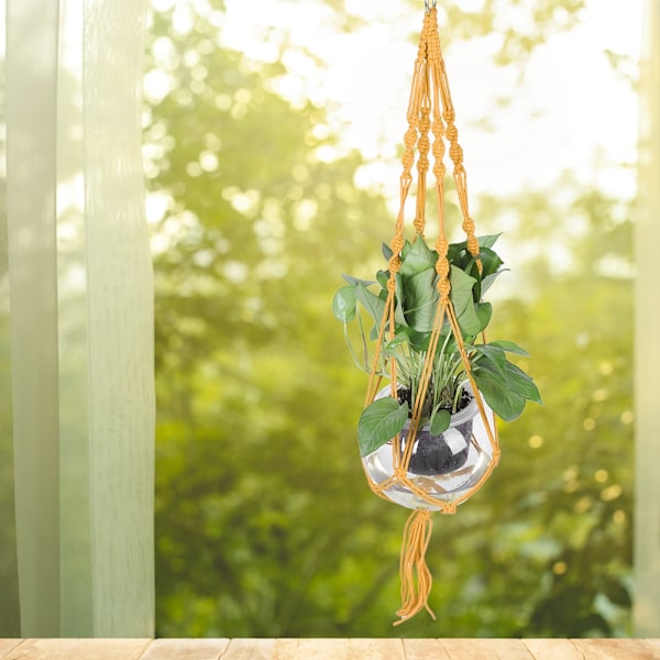 Macrame växt hängare inomhus utomhus växt hållare för hängande krukväxter blommor (gul)