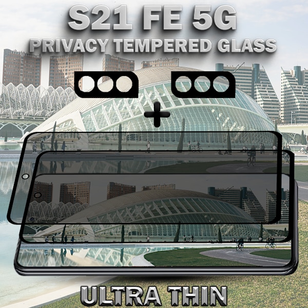 2-Pack Privacy SAMSUNG S21 FE 5G Skärmskydd & 2-Pack linsskydd - Härdat Glas 9H - Super kvalitet 3D