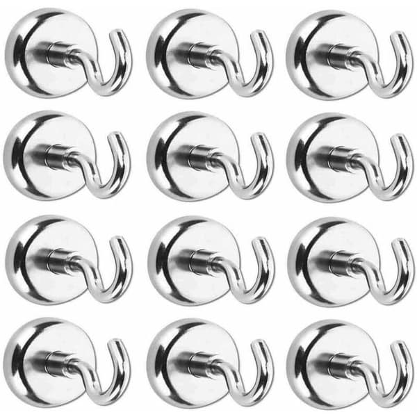 Neodymium magnet hook, super strong suction - Round metal magnet hook, drill-free mounting, 12-pack