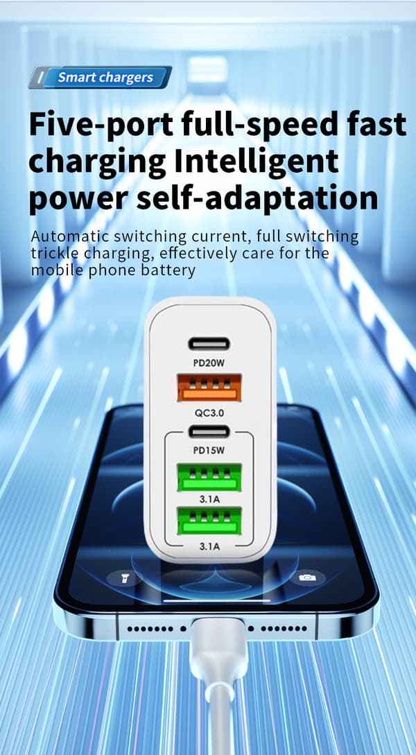 65W USB-oplader med 5 porte: 2 USB-C + 3 USB-A | Quick Charge-QC 3.0 | Kompatibel med Samsung/iPhone/Xiaomi/etc