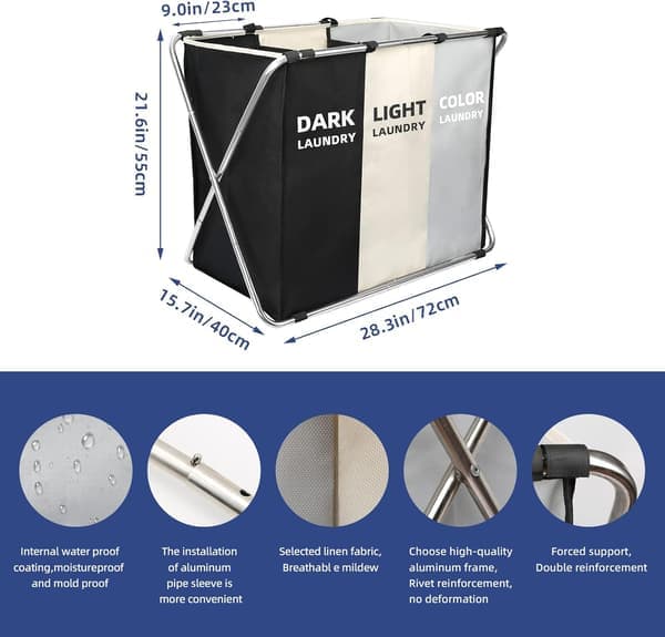 This laundry basket has a foldable design with three compartments and an aluminum frame, making it ideal for use in bathrooms and bedrooms.