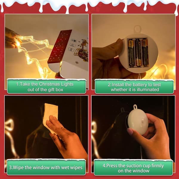 5-pack Christmas Window Lights Decorations with Timer Battery Operated Christmas Hanging Warm White Luminous Snowflake Tree Star Deer Bells Shaped LED
