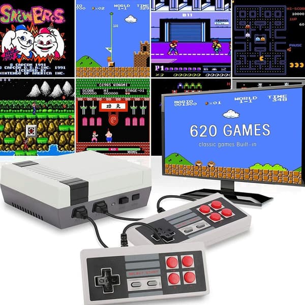 Retro videospilkonsol med 620 klassiske spil og dobbelte controllere