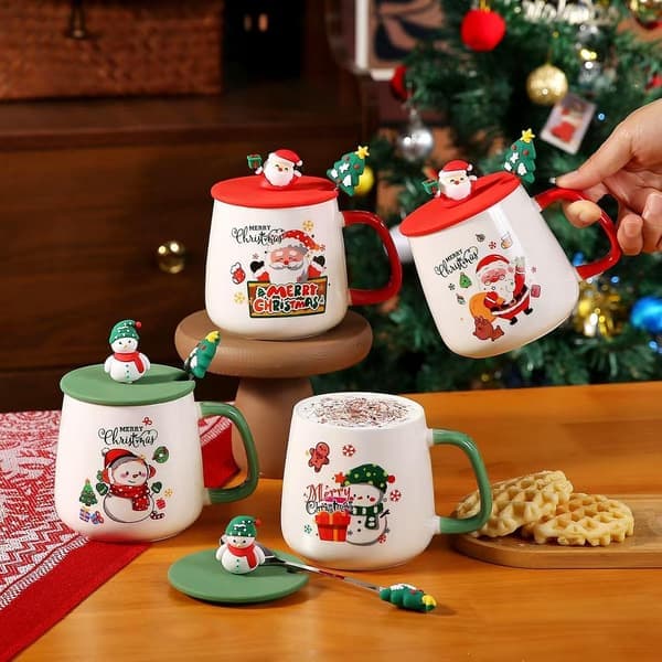 Ceramic Coffee Mugs for Couples with Lid and Spoon Cute Tree Christmas Gift Birthday Present Holiday Themed Mug Creative Home Decor Gift